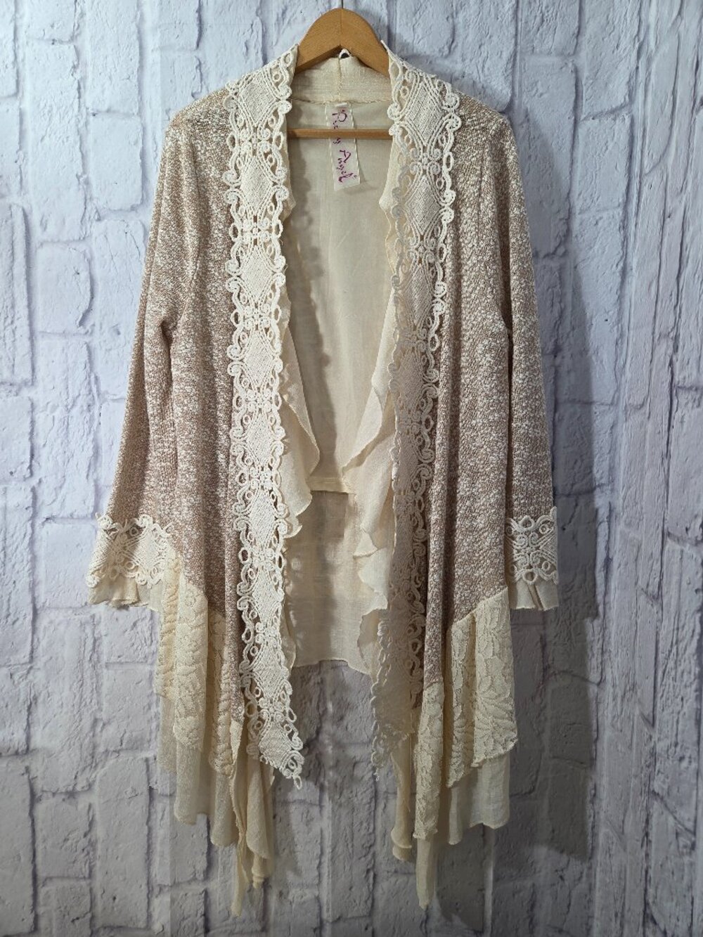Pretty Angel Large Tan Knit Linen Cardigan Angel Boho Cottagecore Shabby Chic